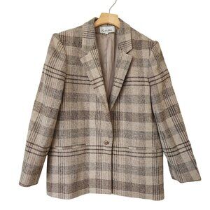 Austin Hill Beige Brown Plaid 100% Wool Blazer Jacket Preppy Winter Work Office